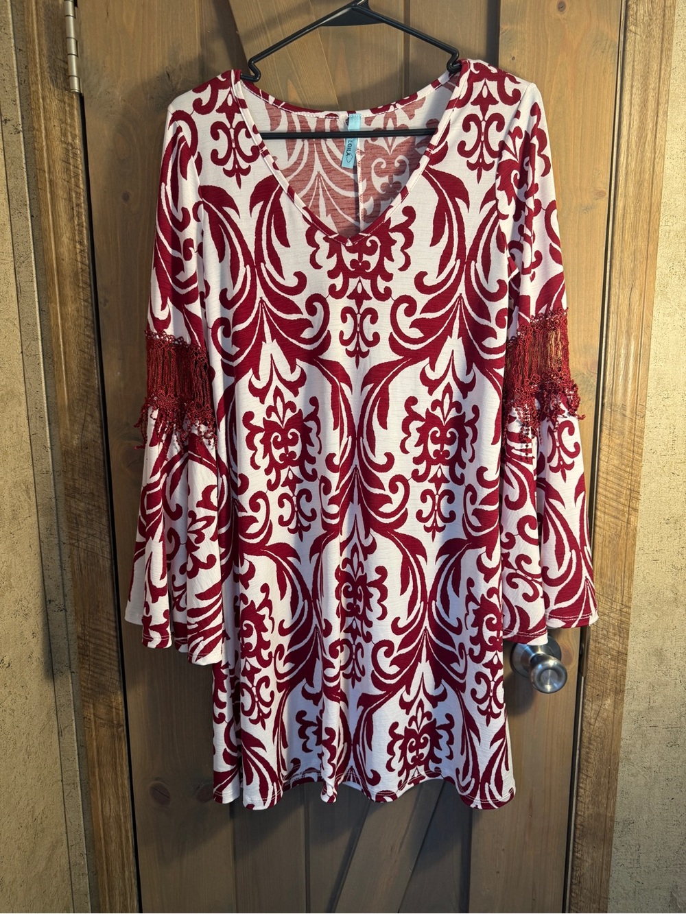 Loila Red and Cream V-Neck Patterned Bell Sleeve Top